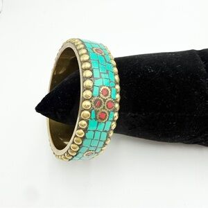 Vintage Brass Turquoise Mosaic Bangle with Red Floral Inlay